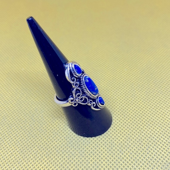 (5/$25‎ SALE ✅) Bohemian Blue Turquoise Hollow Carved Lapis Lazuli Ring Size 7 - Picture 2 of 7